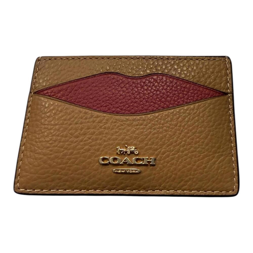 Coach Tan & Red Lips Leather Card Case – Pebbled Leather, Envelope Design NWT